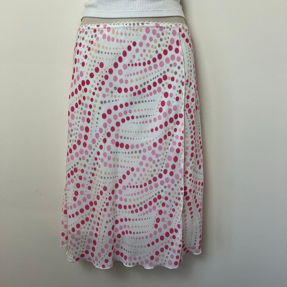 Heads Up Y2K Polka Dot Pattern Front Slit Crepe Midi Skirt XL White Pink